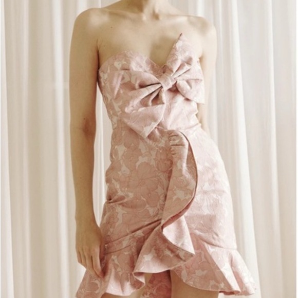 Storia Dresses & Skirts - Storia Strapless Mini Dress Medium Pink Floral Jacquard Statement Bow Ruffle NWT